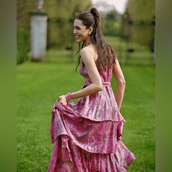 HUTCH Paige Sleeveless Halter Sequin Printed Tiered Wrap Maxi Dress - Picture 5 of 8